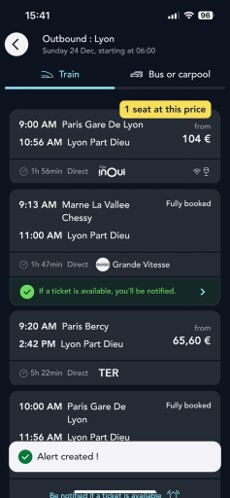 screen of the ticket search results page with full train alert activated on the SNCF Connect application