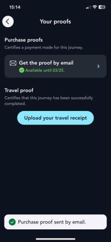 Screen showing the "Your proofs" tab on the SNCF Connect application 